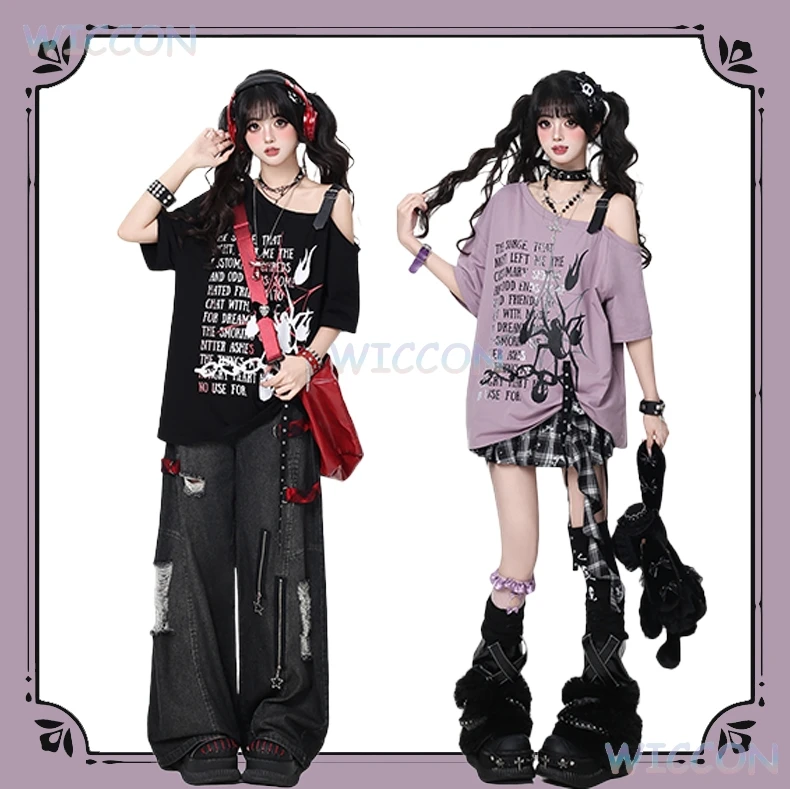 

‌‌‌‌Print Off Shoulder Tshirt Summer Jirai Kei ‌Sweet Cool Y2K Spider Top Anime Gothic Lolita Harajuku Streetwear Fashion‌ Sexy