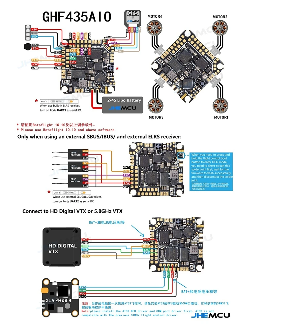 

JHEMCU GHF435AIO V2 20A Контроллер полета 2-4S с OSD Baro Blackbox Встроенный приемник ELRS 2,4G RC FPV Дрон DIY Запчасти