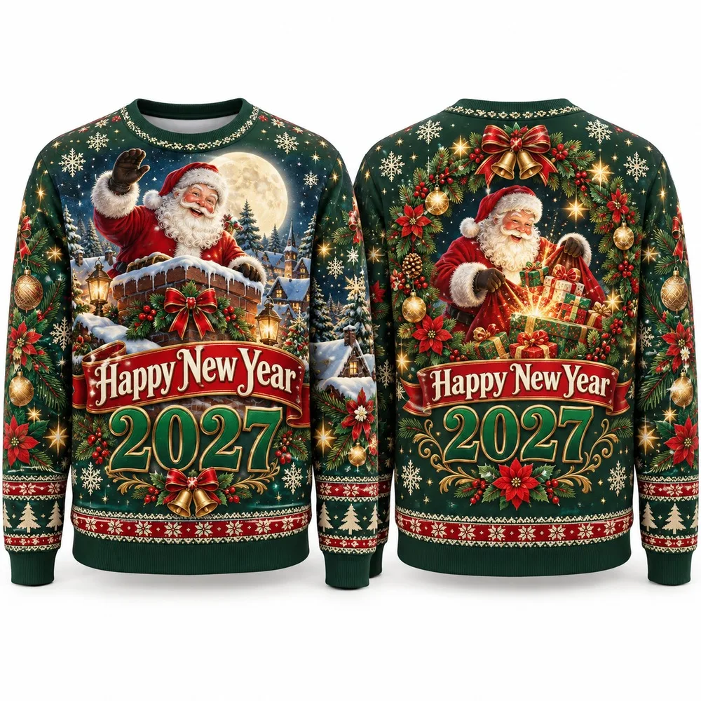 Funny Santa Bell Ugly Christmas Sweater for Happy New Year 2027 Family Parties Winter Sweaters with Snowy Sleigh Gift Graphics