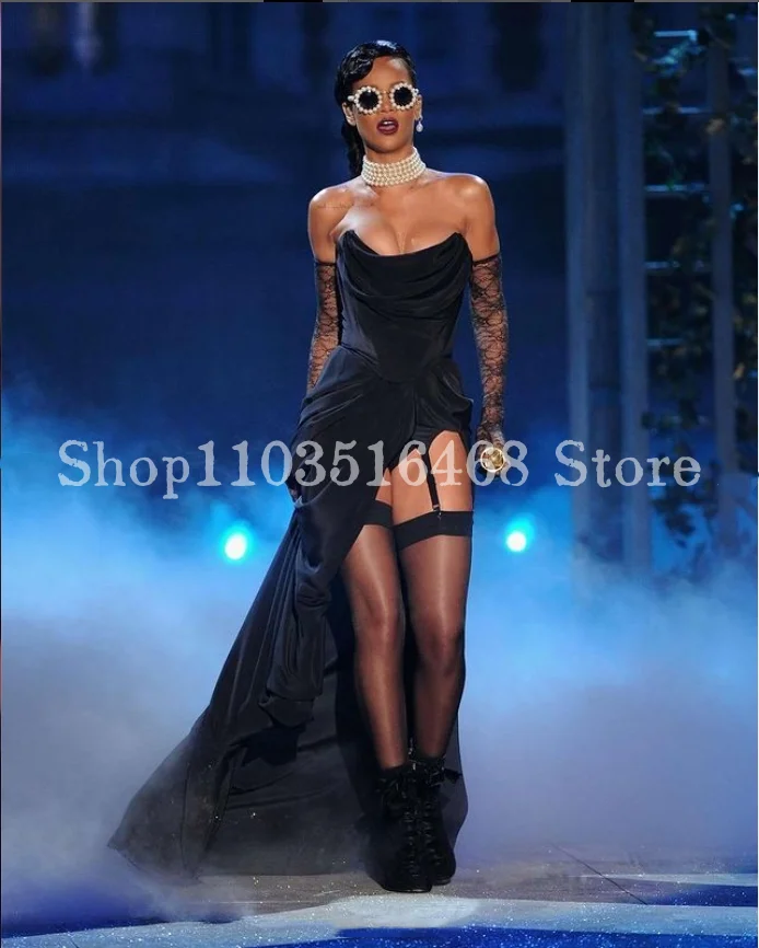 Exquisite Sheath Sexy Split Prom Dress Black Fashion Satin Pleated With Train Gloves Customised Formal Occasionفساتين سهرات