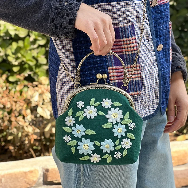 Fabric Art 3D Embroidery Handbag Handmade Embroidery DIY Material Pack Messenger Bag Embroidered Thread Needle Embroidery Hoop