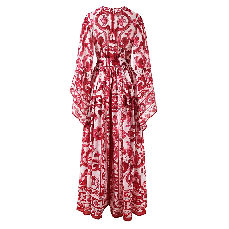 Red Blue And White Porcelain Print Holiday Dress Summer Vintage Bohemia Dress Women's  Loose Lace Up Belt Long Robe Vestido