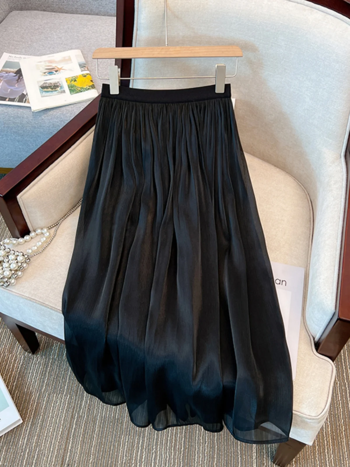 Silk Mesh Skirt Midi A-Line Straight Cut plus Size Autumn Collection for Pear Shaped Women High Waist Korean Style Commute