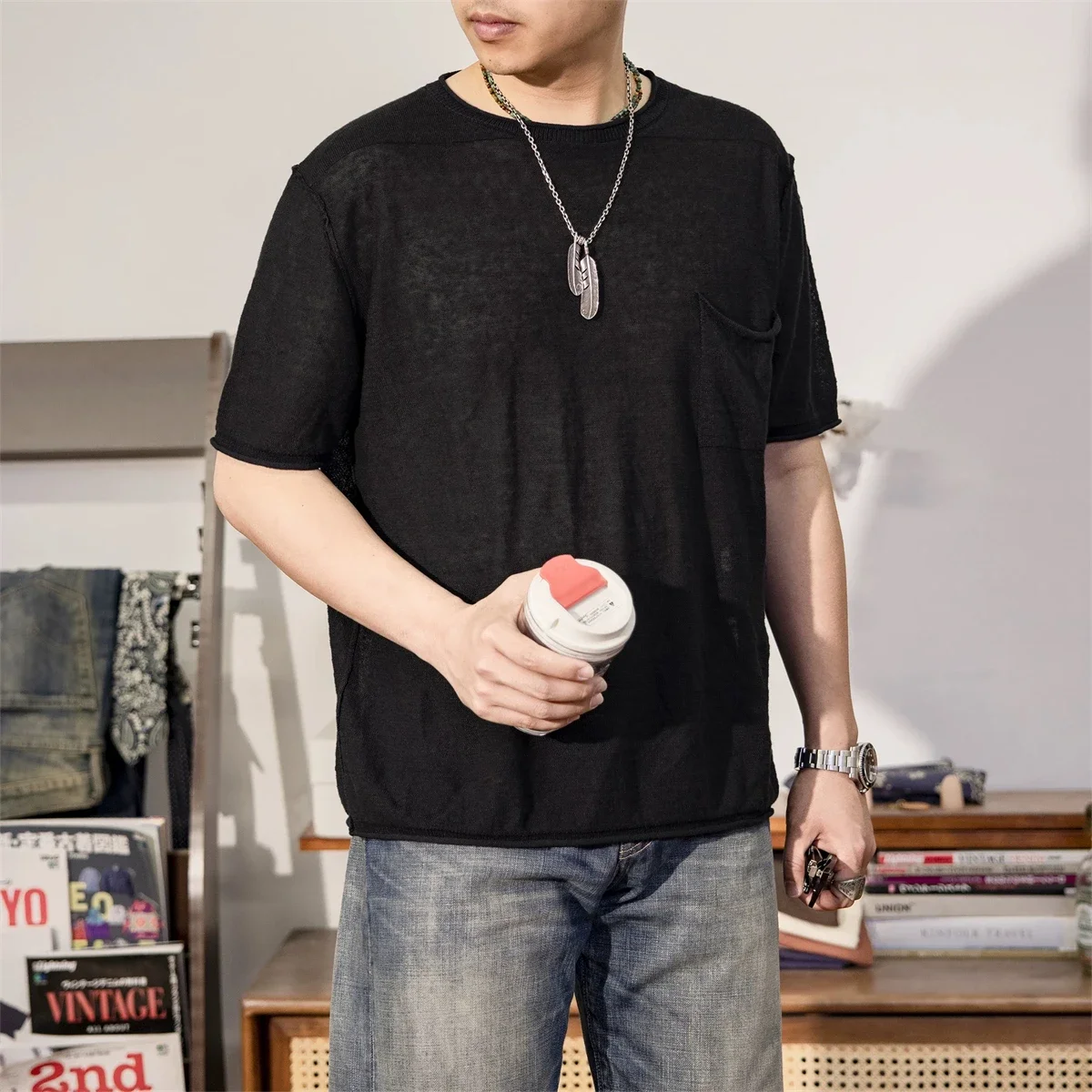 

2025 Red Tornado 100% Linen Knit T-Shirt In Black Breathable Crewneck Pocket Tee For Men