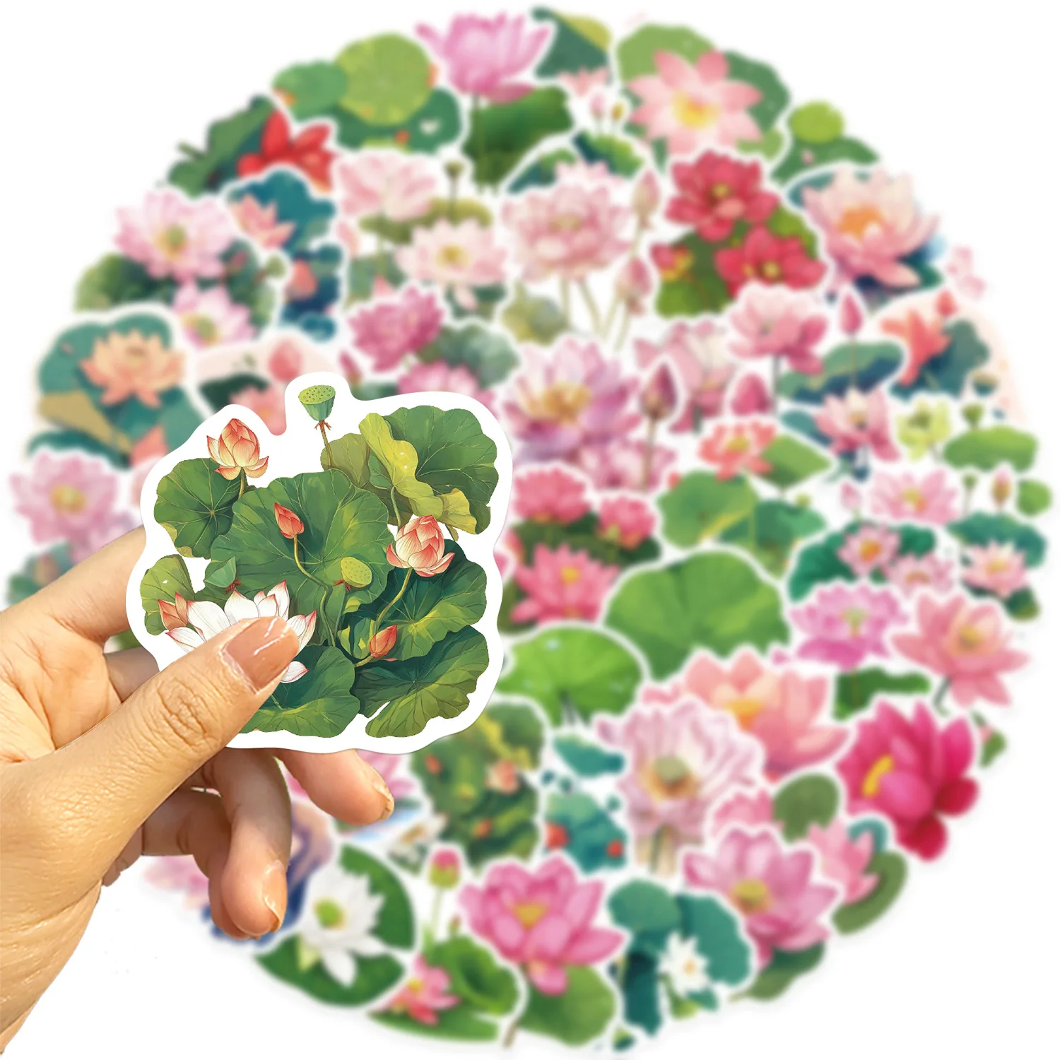 50PCS Adesivos Criativos de Flores de Lótus Rosa à Prova d'Água para Decoração DIY em Cadernos, Celulares, Guitarras, Copos de Água, Malas e Grafite