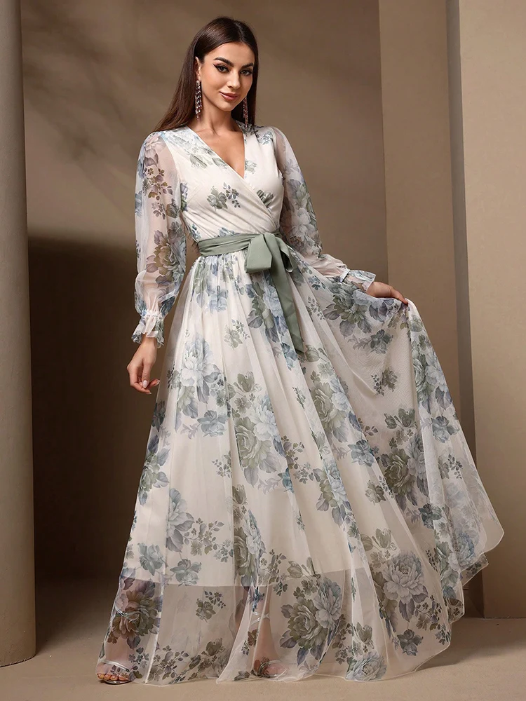 

TOLEEN Summer Floral Print Flare Sleeve Belted Lace Mesh Overlay Maxi Dress 2024 New in Women Casual Elegant Female Long Dresses