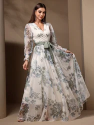 TOLEEN Summer Floral Print Flare Sleeve Belted Lace Mesh Overlay Maxi Dress 2024 New in Women Casual Elegant Female Long Dresses