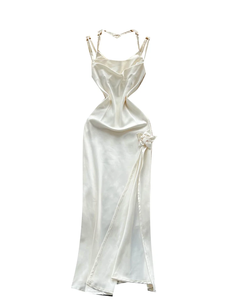 فستان نسائي فاخر من الساتان بتصميم صيفي أنيق مع شق عند الخصر ورباطات بدون أكتاف، تنورة طويلة على الطراز الكوري، مثالي للتنقل ...