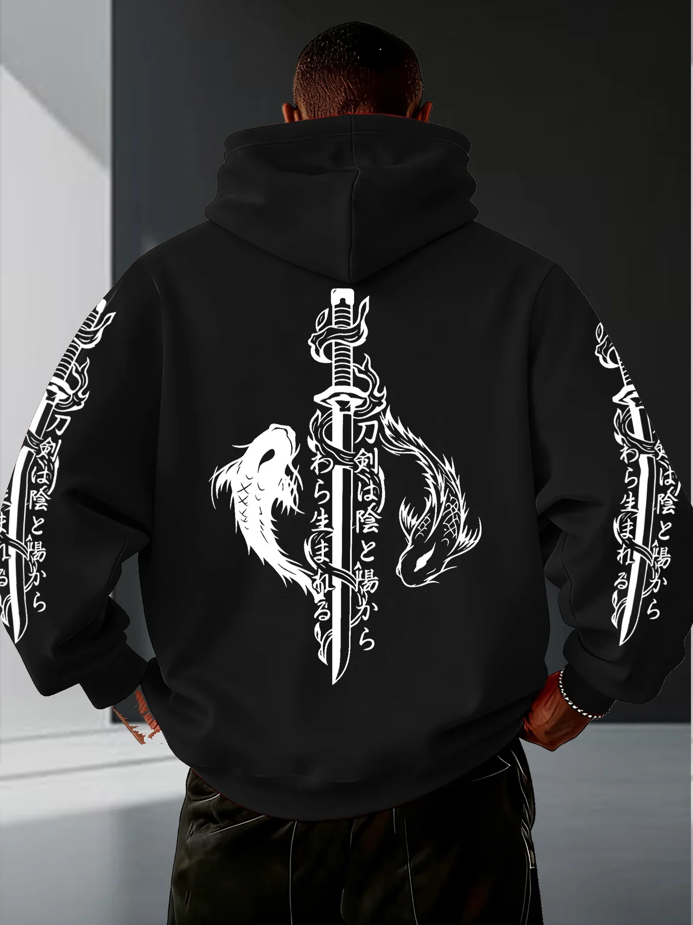 Mens Yin Yang Koi Fish Samurai Katana Hoodie Japanese Kanji Line Art Graphic Unisex Oversized Streetwear Autumn Winter