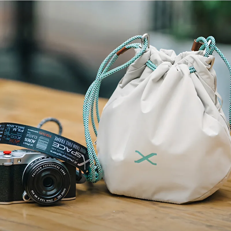 Pro Drawstring Camera Bag Pouch for Fujifilm X-T5 X-S20 X-T4 X-H2 Ivory White Anti-Collision with Magnetic Pocket