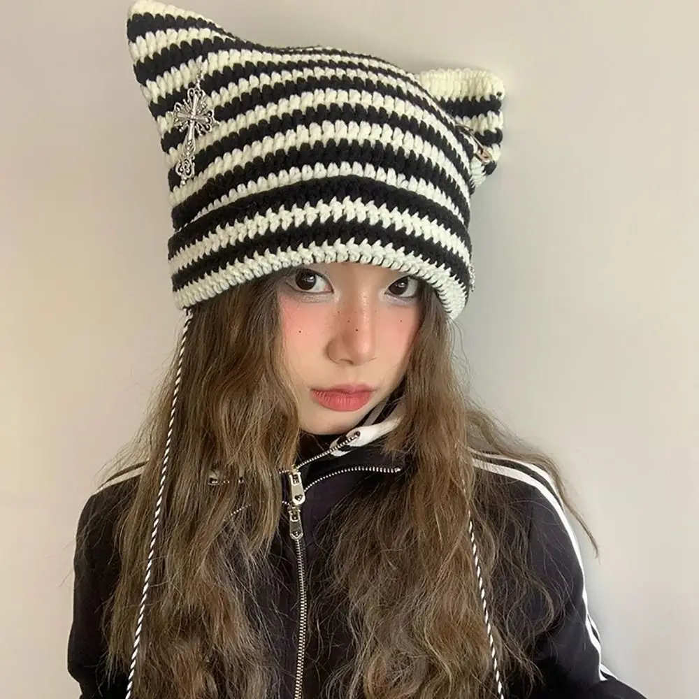 Y2K Beanie Hat Ins Devil Ear Striped Knitted Wool Cap Autumn Winter Hip-hop Crochet Cute Cat Ears Pointed Pullover Women's Hats