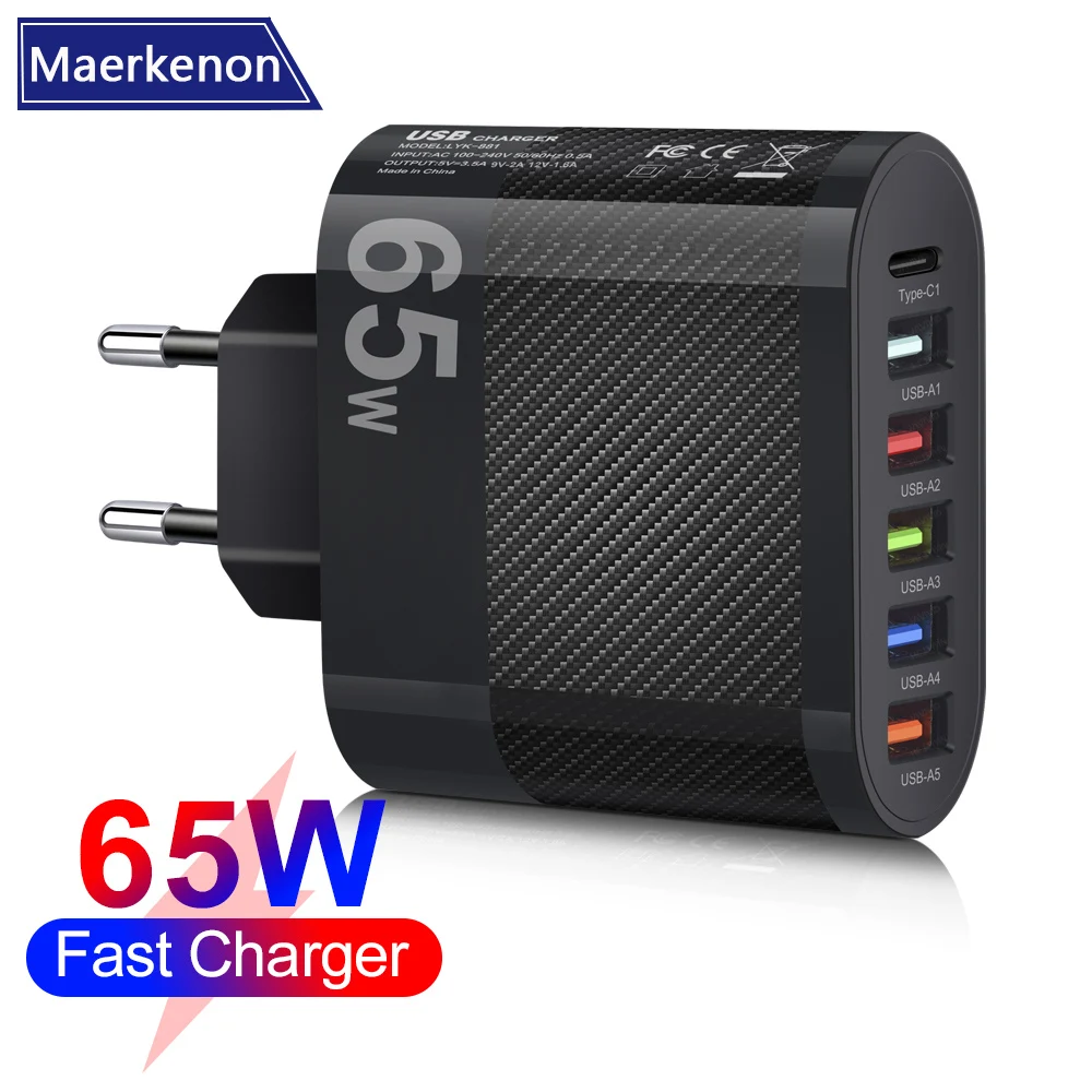 65W 6 Ports USB Type C Fast Charger Quick Charge 3.0 for iPhone 15 HUAWEI Xiaomi LG OPPO Mobile Phone Fast Charging Wall Adapter