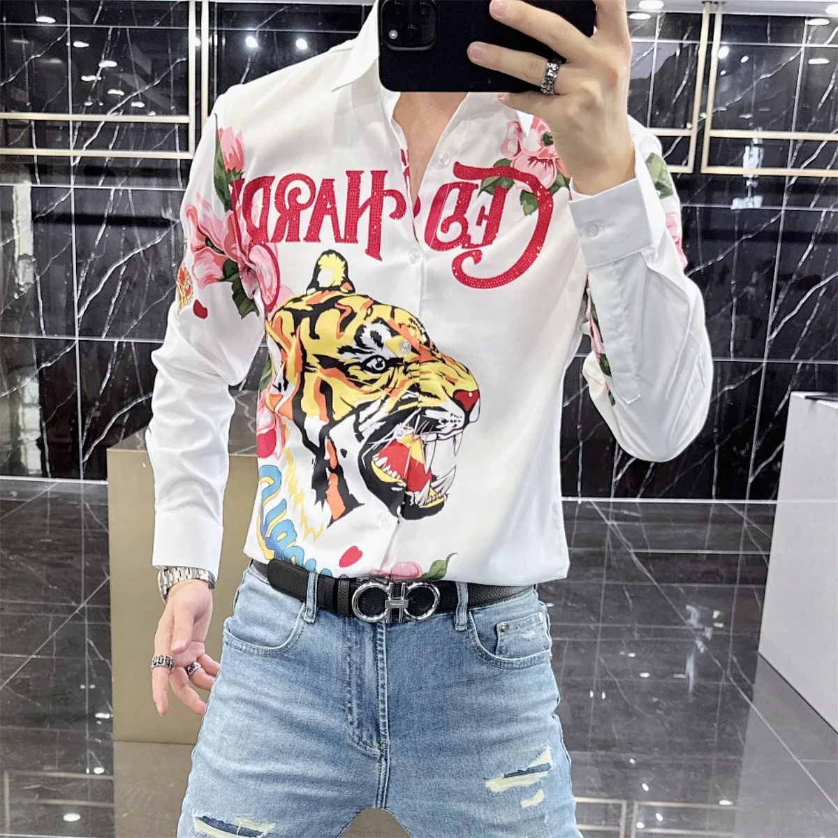 European 3D Rhinestone Shirt for Men Long Sleeve Slim Fit Casual Shirts Streetwear Social Party Tuxedo Blouse M-5XL 2023 Autumn