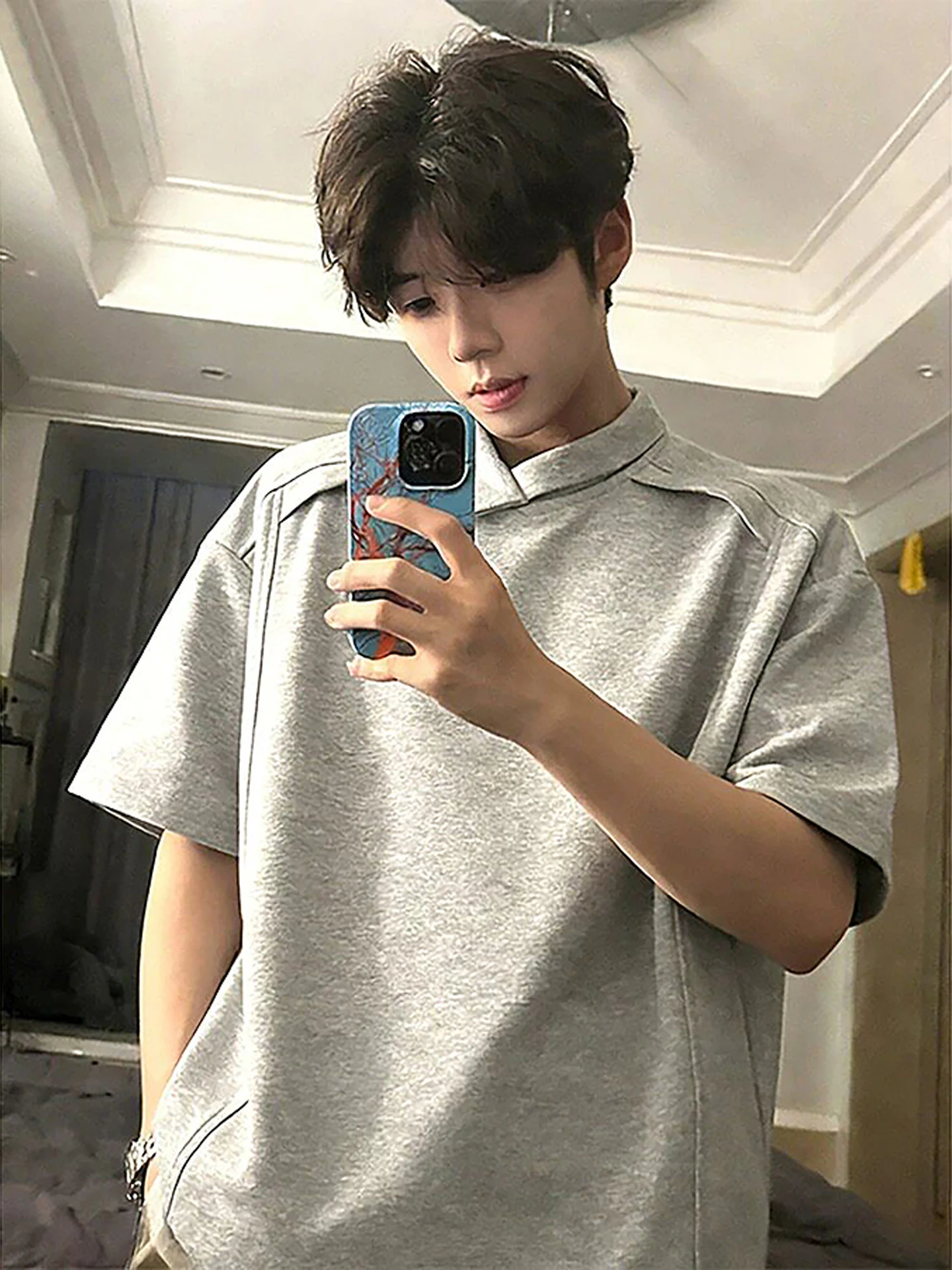 ay American Heavyweight Men's T-irt Summer Irregular Collar ort Sve irt Teenage Correct oulder f Sve