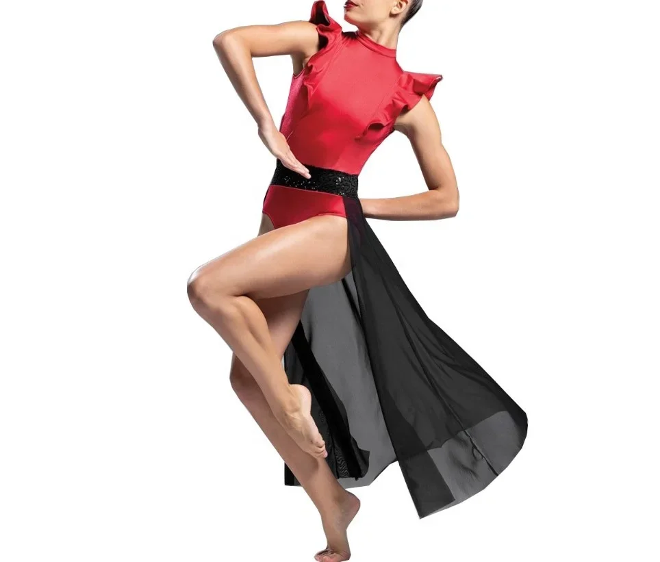 

New women's red black lyrical dance ballet mesh dress