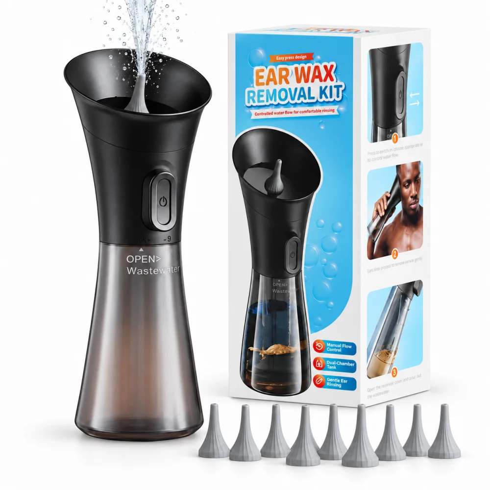 Portable Ear Wax Cleaner Water Flushing Kit with 2 in 1 Water Tank Soft Silicone Spray Nozzles One Hand Operation for Home Use