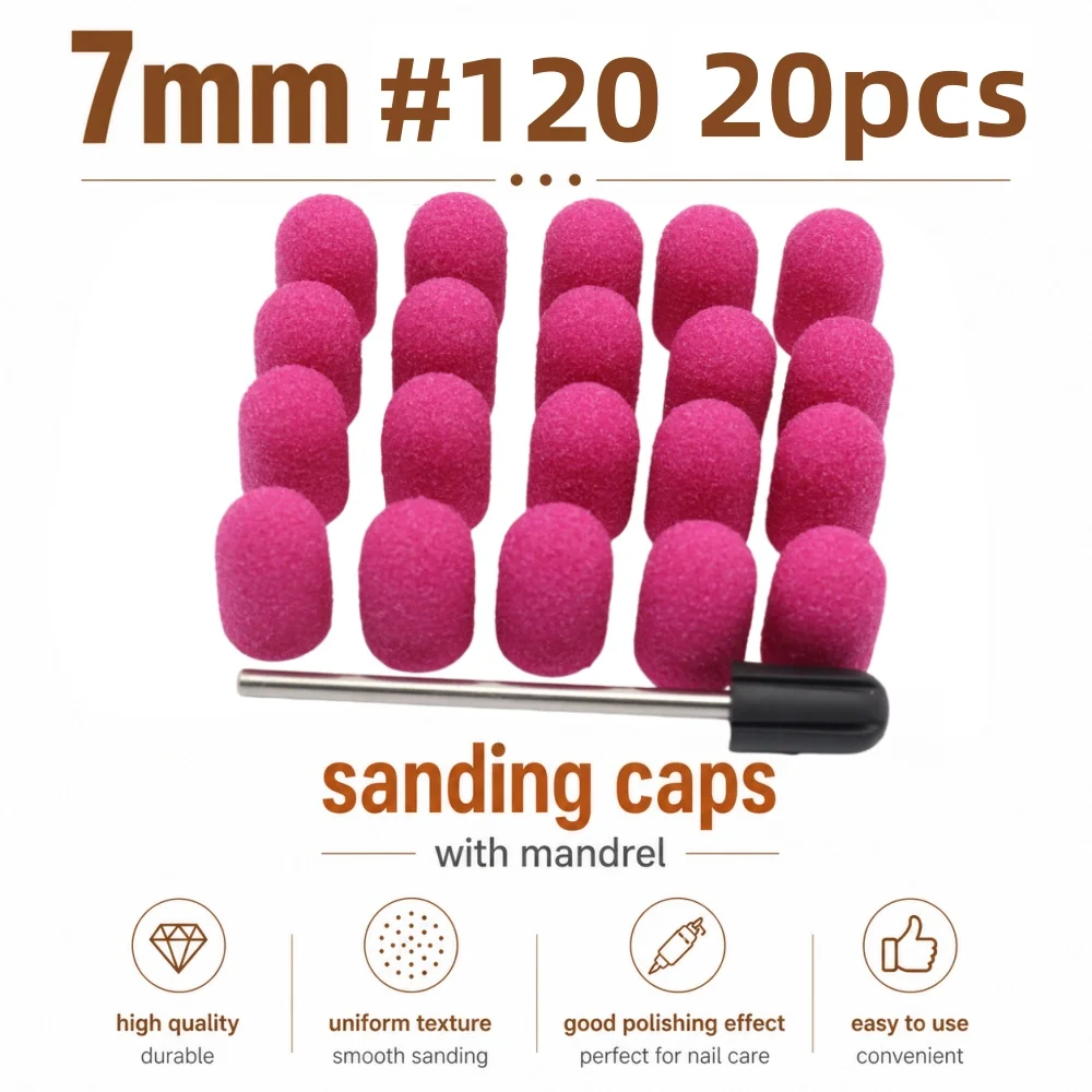 20Pcs 7mm Nail Sanding Caps with Mandrel – Professional Pedicure & Manicure Drill Bits, 80/120/180 Grit, High Quality, Durable,