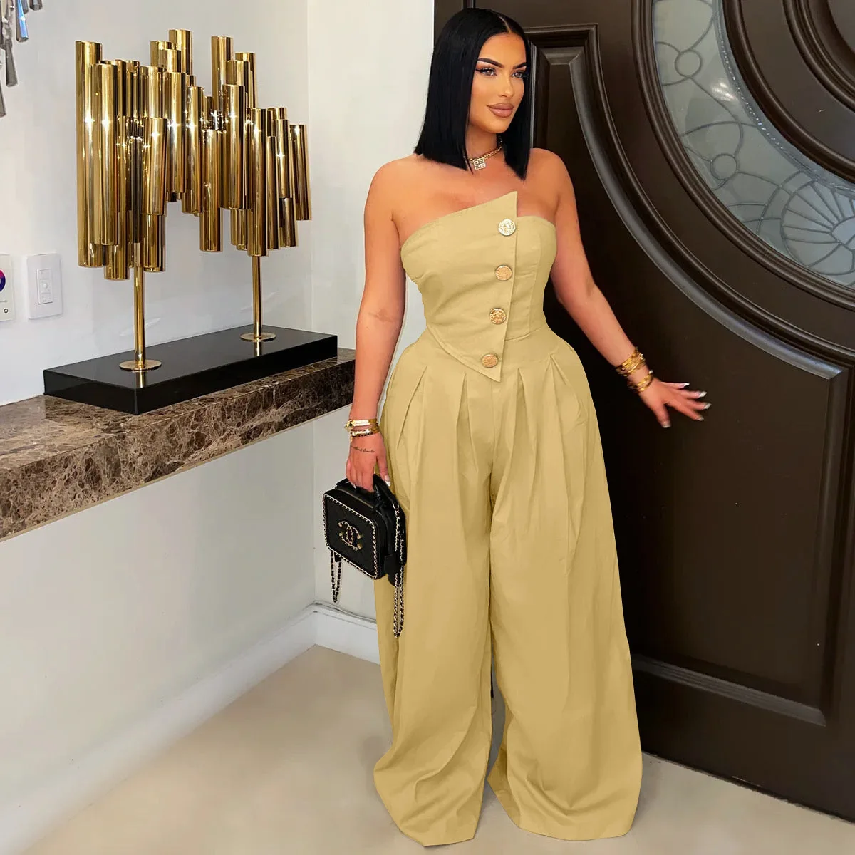 

Fashion Women's Sexy Tube Top Sleeveless Metal Button Wide Leg Jumpsuit Europe and America