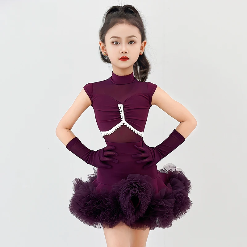 

Purple Latin Dance Competition Costume Girls Professional Dance Stage Wear Sleeveless Bodysuit Ruffle Skirt Kid Latin Dress 3743