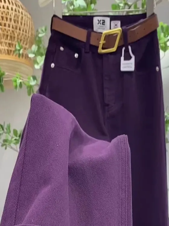 

Slim Straight High Waist Denim Jeans Women's Purple Versatile Narrow Style plus Size Spring Autumn Fashion Casual Trousers