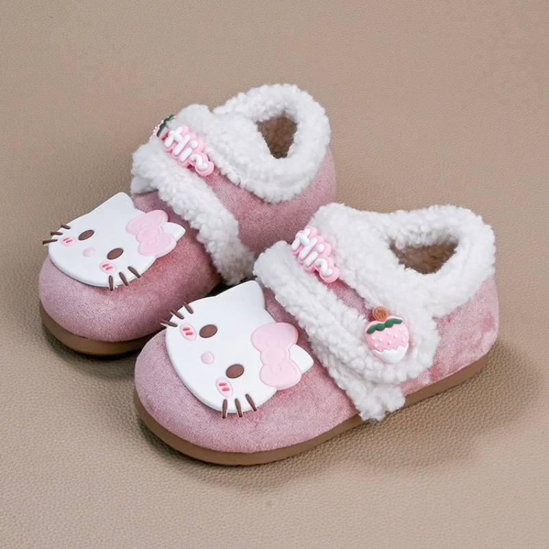 

Детская повседневная обувь, кроссовки, хлопковая зимняя обувь с рисунком кота и клубники для девочек, нескользящая теплая розовая обувь на липучке, размер 22-33