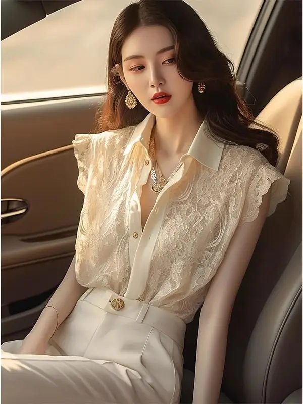

Small Flying Sleeve Lace Shirt for Women in Summer Chic Lapel Button Temperament Top