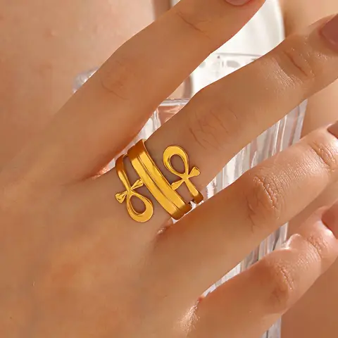Ankh Cross Open Ring Stainless Steel Gold Color Women Finger Rings Amulet Crucifix Egyptian Jewelry Birthday Gift Wholesale