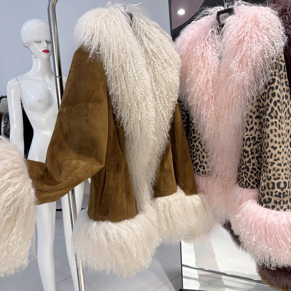 YOLOAgain Real Mongolia Sheep Fur Collar Real Leather Jacket Coat Women
