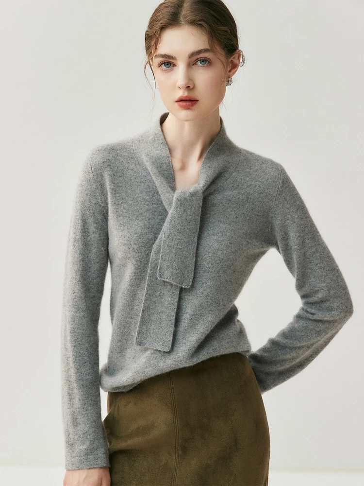 

Women's Autumn Winter Cashmere Sweater Ribbon Collar Design Pullover Office Lady French Style 100% Cashmere Knitwear Clothes Top