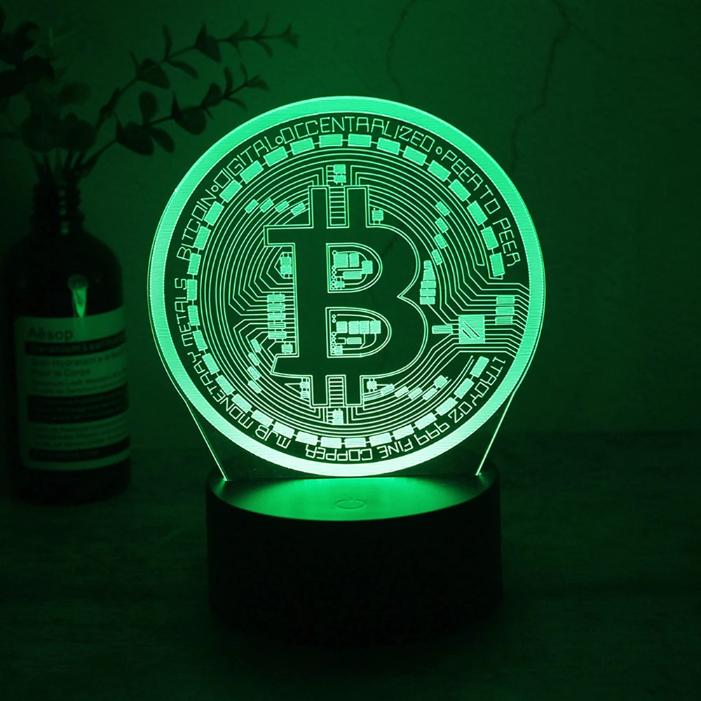 Acrylic Led Night Light Bitcoin for Room Decorative Nightlight Touch Sensor 7 Color Changing Battery Powered Table Night Lamp 3D