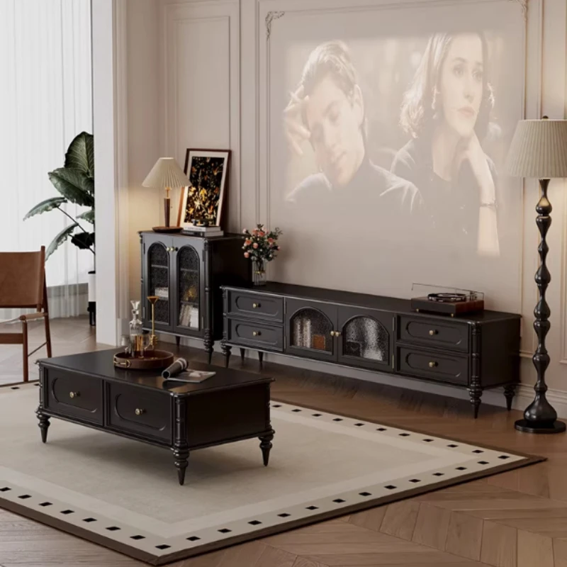 Living Room Retro Tv Stand Glass Doors Black Supports Tv Stands Center Wooden Muebles Para Televisor Sala Home Furniture