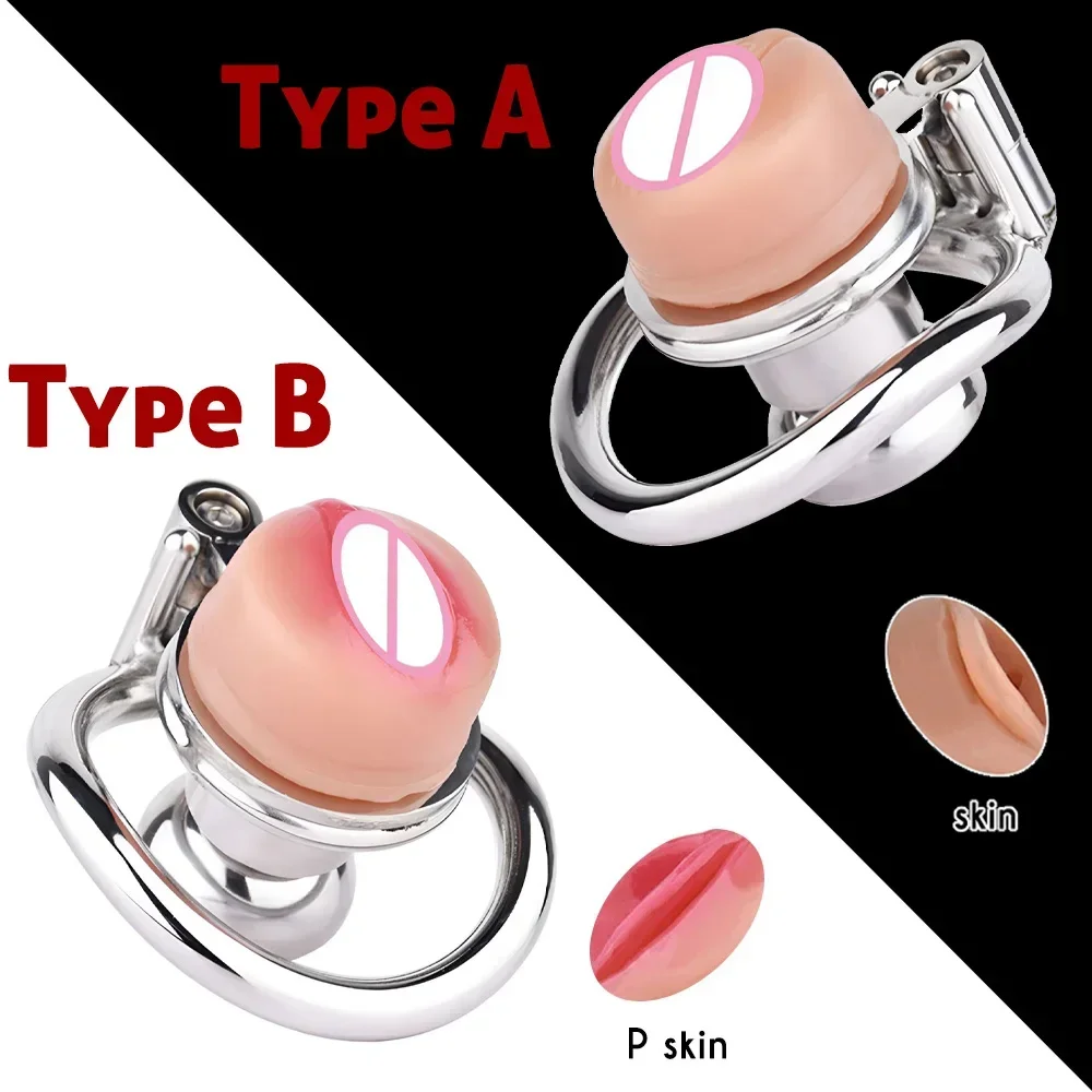 FLat Pad Inverted Negative Male Chastity Cock Cage with Pussy Shape Penis Rings for Erect Denial Pleasure Sex Shop Gay BDSM Toys