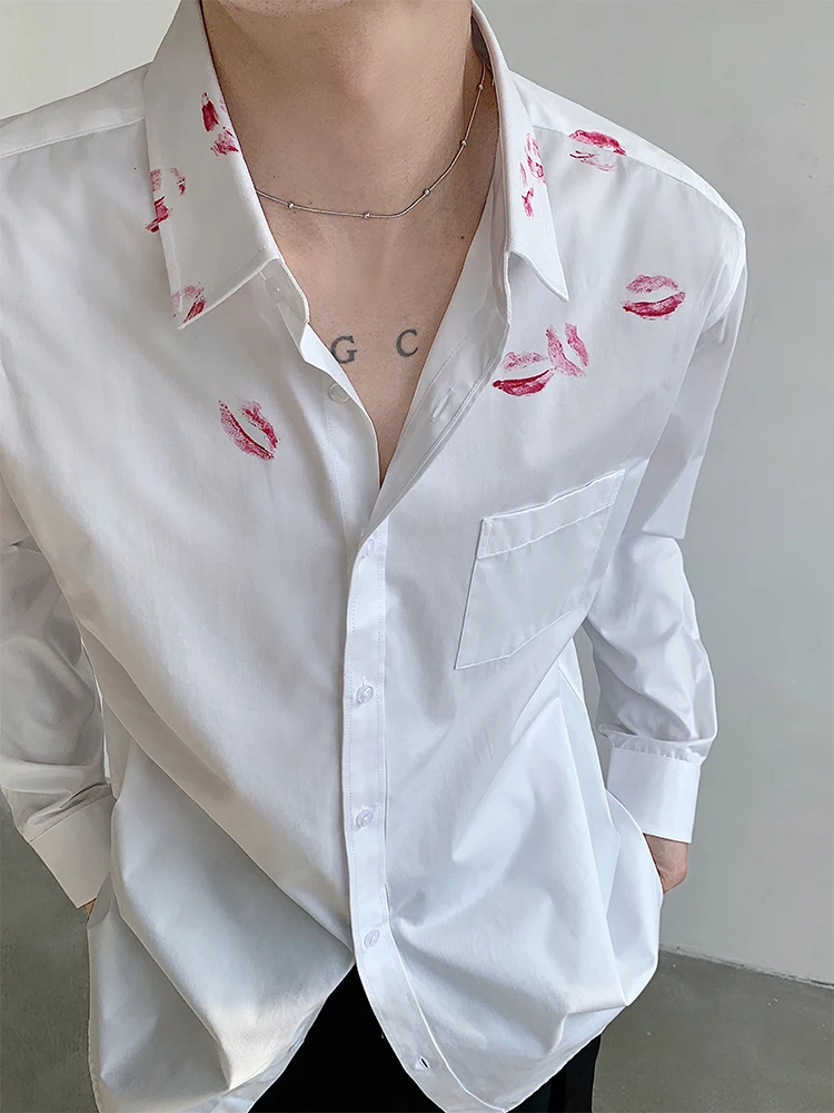 

Белая рубашка с красным принтом в виде губ, длинный рукав, мужская, весна-осень, модная, американский бренд, Cleanfit, премиум-класс, Haome Jaet