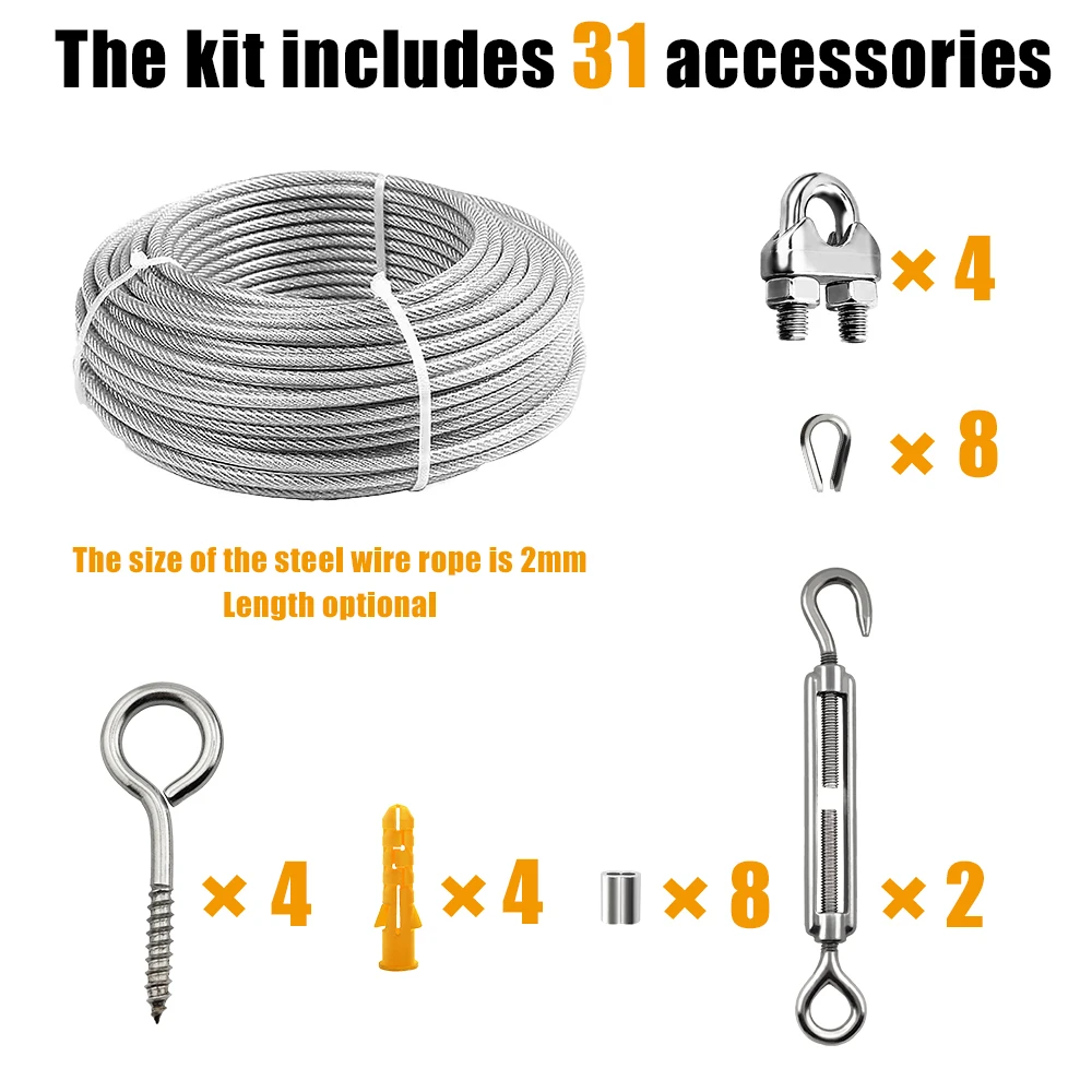 10/15/25/25M 31 pcs set  Stainless Steel Wire Rope Kit Clothesline Kit PVC Wrapped Guardrail Rope Kit Camping Fixing Kit 2mmKit