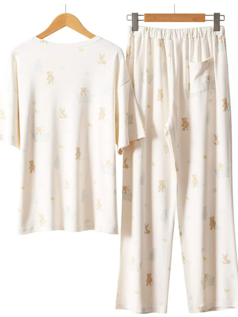 Kuzuwata Japanese Casual Home Wear Pajama Sets O Neck Bear Print Short Sleeve Top Sleepwear+high Waist Wide Leg Pant Underwear