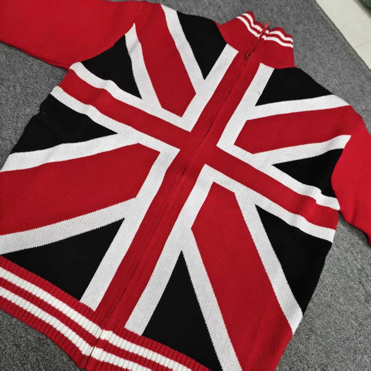 Y2K American Red Flag Striped Cardigan Sweaters Retro Fashion Men And Women Personalized Autumn And Winter Knitted Streetwear