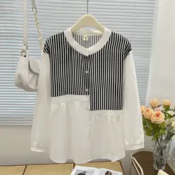 Stylish Stand Collar Stripes Cotton Shirt Women Plus Size Autumn Winter 2023 Casual Clothing Drop Sleeve Blouses Tops