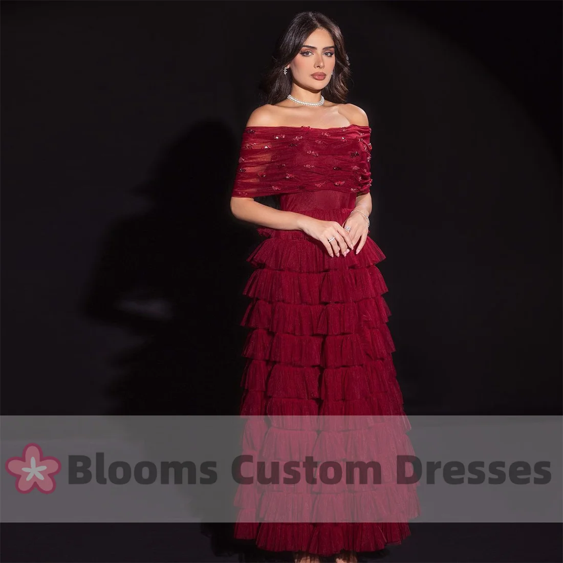 Blooms Customized Burgundy Off Shoulder Sequined Beads Evening Dresses Tiered Tulle Prom Dress Long Formal Occasion Gown