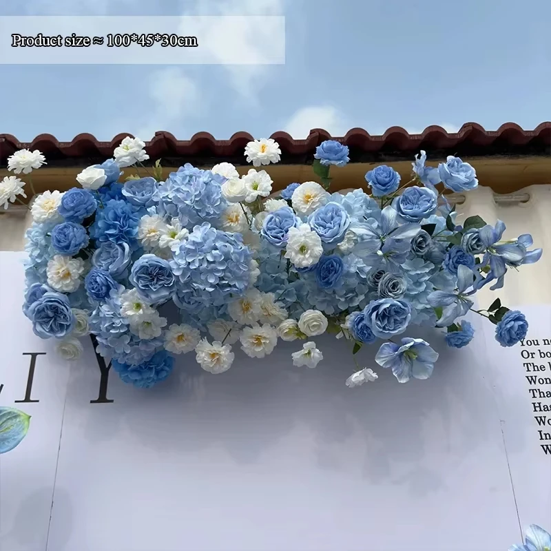 

Support customization,Handmade Luxury Blue & White Rose Flower Artificial Hanging Flower Row Wedding Decor for Party