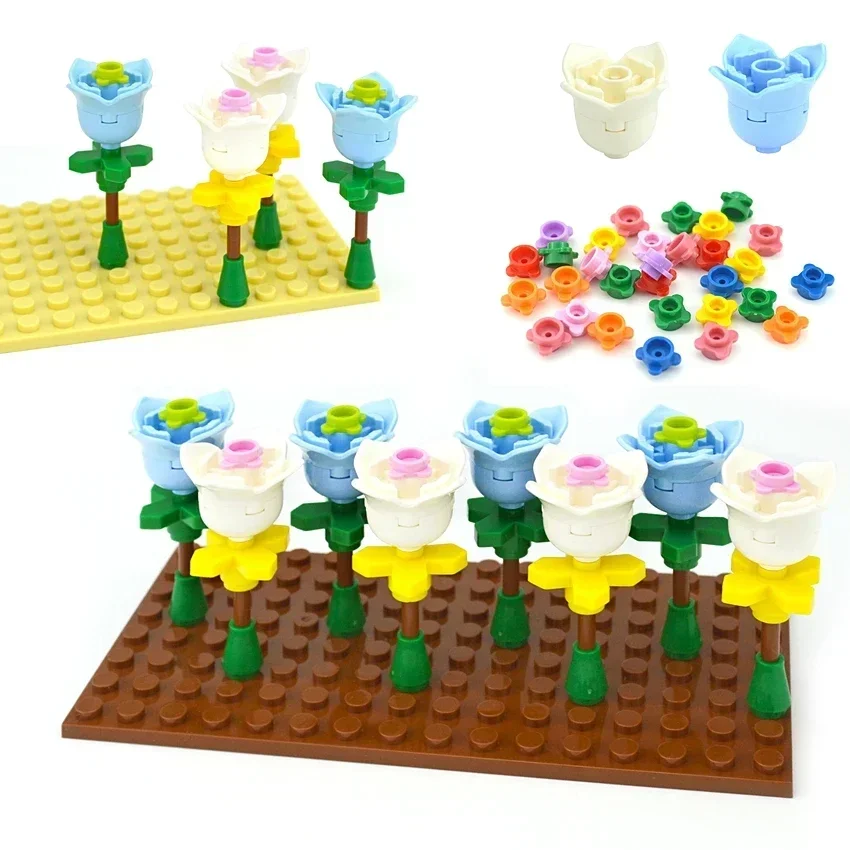 MOC Plants City House Accessories Flowers Building Blocks Rose Tulip Plant Leaves 2x2 with 4 Petals 15469 18841 Assemble Bricks