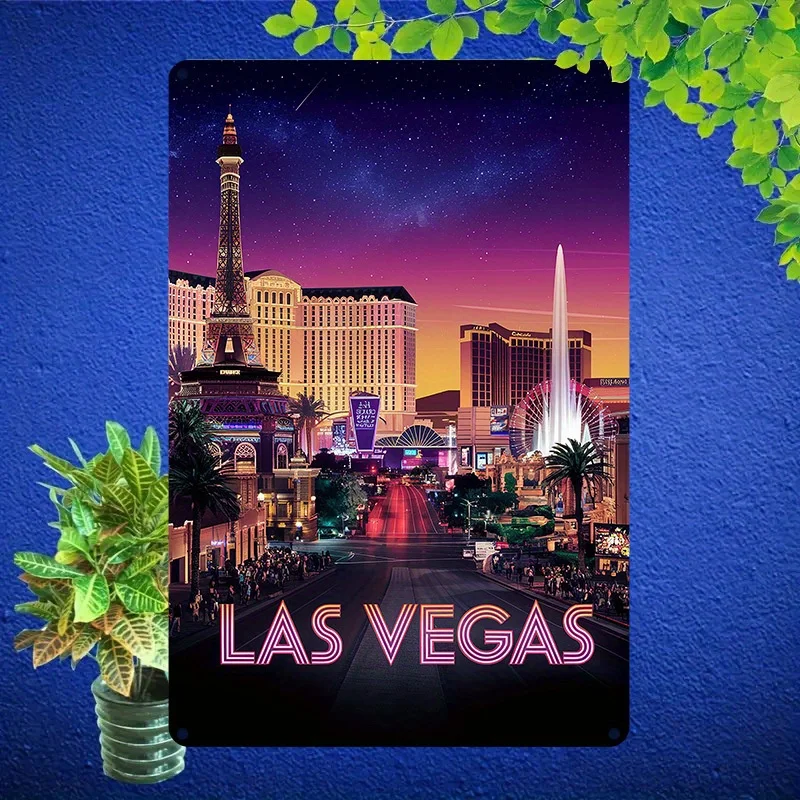 Las Vegas Metal Wall Art Sign,  Retro  Landscape Poster Design, Vibrant Nighttime Cityscape with Iconic Landmarks,
