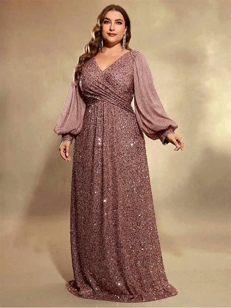 Plus Size V-neck Long Sleeve Floor-length Sequin Evening Dress 4XL 5XL Big Size Luxury Bridesmaid Shining Evening Dress Women