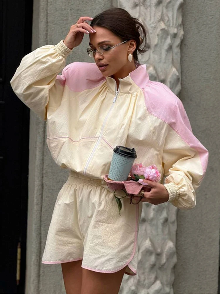 Nylon-Stehkragen-Sonnenanzug für Damen mit Reißverschluss, locker geschnittene, kurze Hose mit elastischem Bund, Damenmode 2026, lässige Sommer-Frauen-Sets