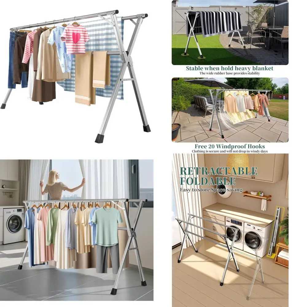 Stainless Steel Folding Clothes Drying Rack - 95 Heavy-Duty, Outdoor & Indoor, Anti-Rust, 20 Windproof Hooks, Portable Laundry R