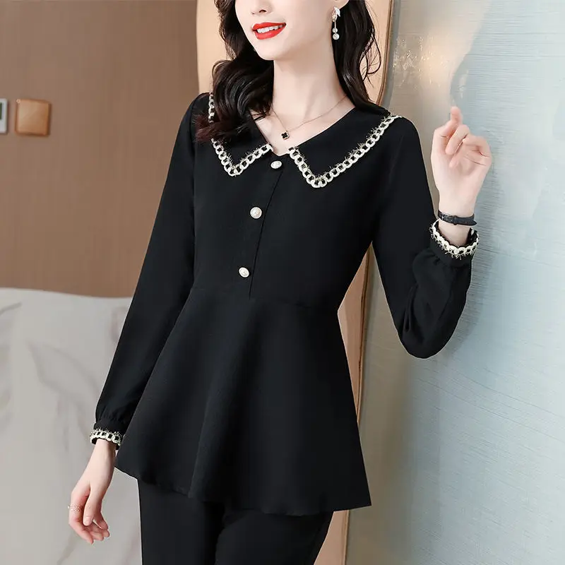 Fashion Women\'s Solid Color Peter Pan Collar Blouse Spring Autumn New Elegant All-match Slim Long Sleeve Shirt Female Clothing