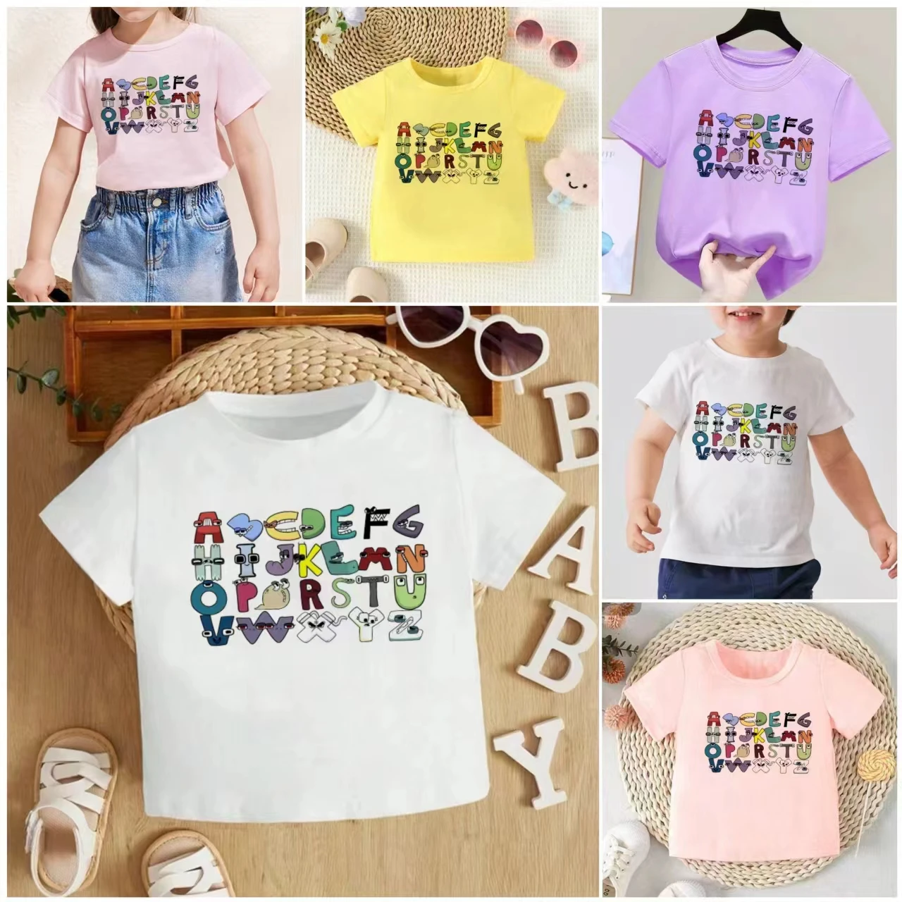 

Toddler Clothes T-shirt Fashion Pink Alphabet Girls Tshirt Harajuku Retro Boy Tshirt Letter Element Nice Round Neck Kids Tshirt