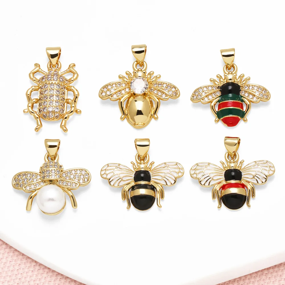 OCESRIO Black White Enamel Bee Pendant For Necklace Copper Gold Plated White Crystal Beetle Jewelry Making Supplies Pdta875