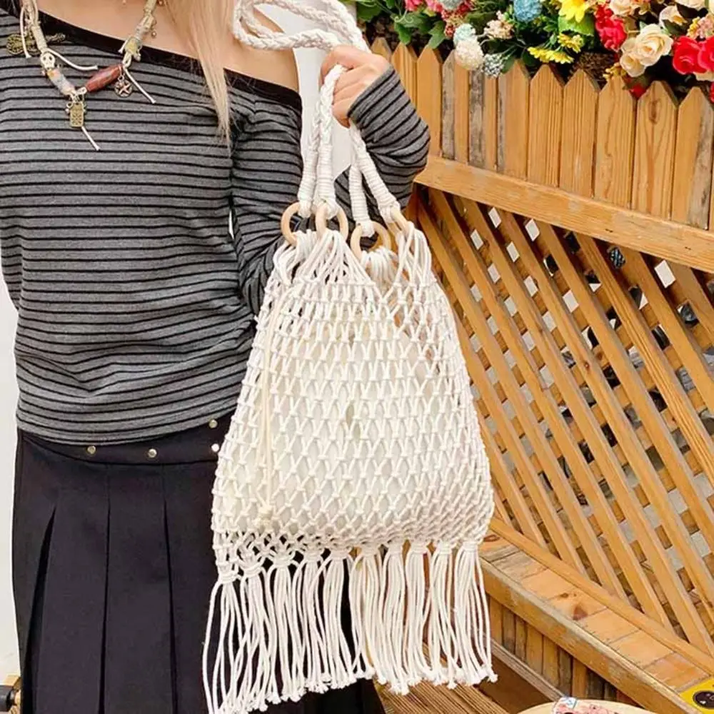 Плетеная сумка из хлопчатобумажной нити, большая сумка, пляжная сумка, пляжная сумка с кисточками, сумка-ведро в богемном стиле, полая сумка на плечо