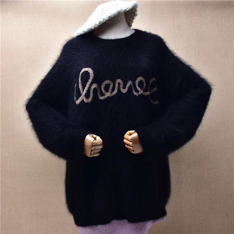 

Women Mujer Autumn Winter Fashion Black Hairy Mink Cashmere Knitted O-Neck Long Sleeves Loose Pullover Angora Fur Sweater Jumper