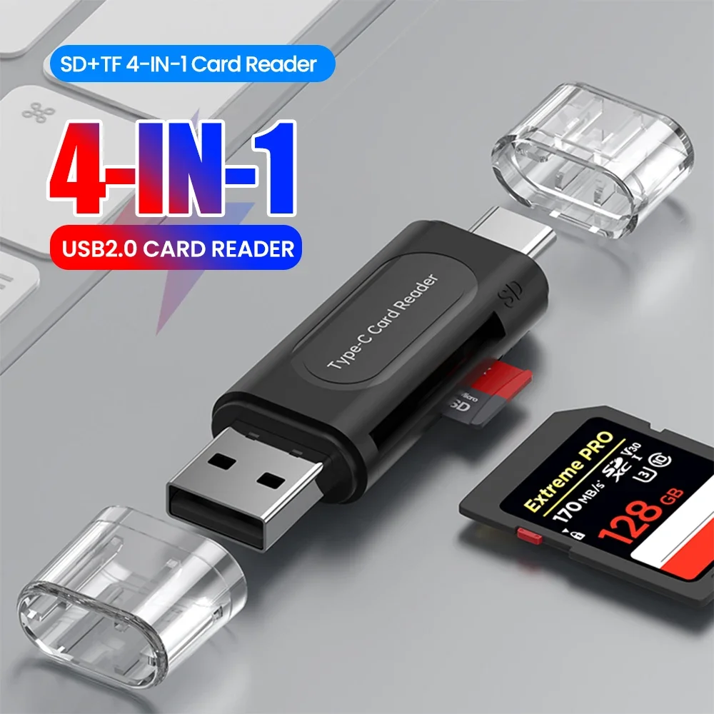 For Multi-functional Mobile Phone Card Reader 4-in-1 USB 2.0 Mini High-Speed Card Reader OTG Converter